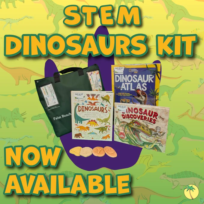 STEM Dinosaurs Kit featuring educational books and fossil replicas against a colorful dinosaur-themed background.
