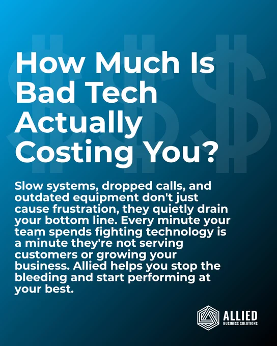 Professional graphic highlighting the costs of outdated technology in businesses. It features a bold message with a business logo, emphasizing performance improvement.