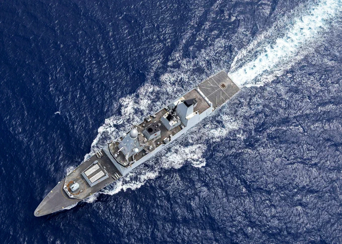 Birds eye view image of HMS Dragon as the ship conducts high speed manoeuvres.