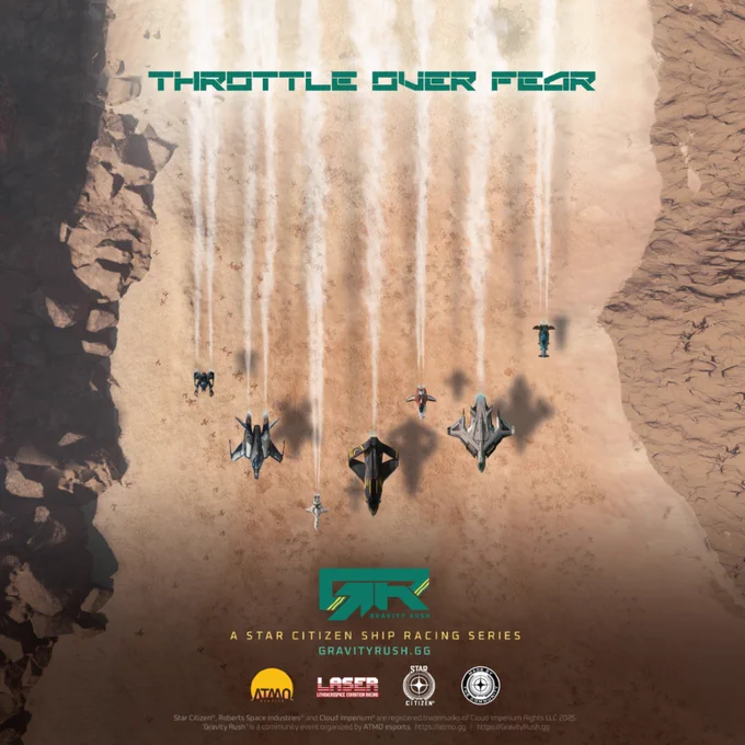 Top-down desert view of futuristic racing ships leaving dust trails between rocky cliffs, Gravity Rush event logo