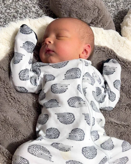 An infant baby lying on a gray and white blanket, wearing a white onesie with gray hedgehog drawings on it.