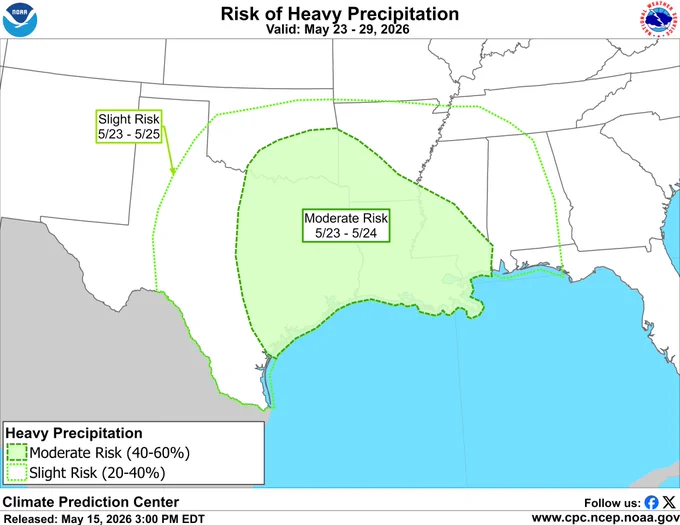The Climate Prediction Center indicates a moderate risk (40 to 60 percent chance) of heavy precipitation across portions of eastern Texas, southeastern Oklahoma, and into the Lower Mississippi Valley, May 23 to24. A broader slight risk (20 to 40 percent chance) includes more of the Southern Plains in addition to portions of the Tennessee Valley and Southeast, and is valid through May 25. Enhanced southerly flow from the Gulf favors increasing chances of heavy precipitation, along with localized river and flash flooding, beginning next week and continuing into the Memorial Day holiday weekend.