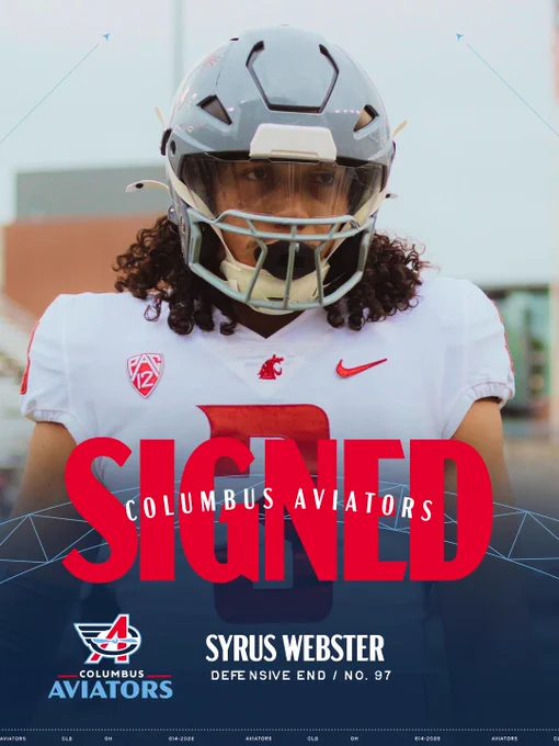A football player in gear with a 'SIGNED' graphic for Columbus Aviators. Energetic and dynamic mood.