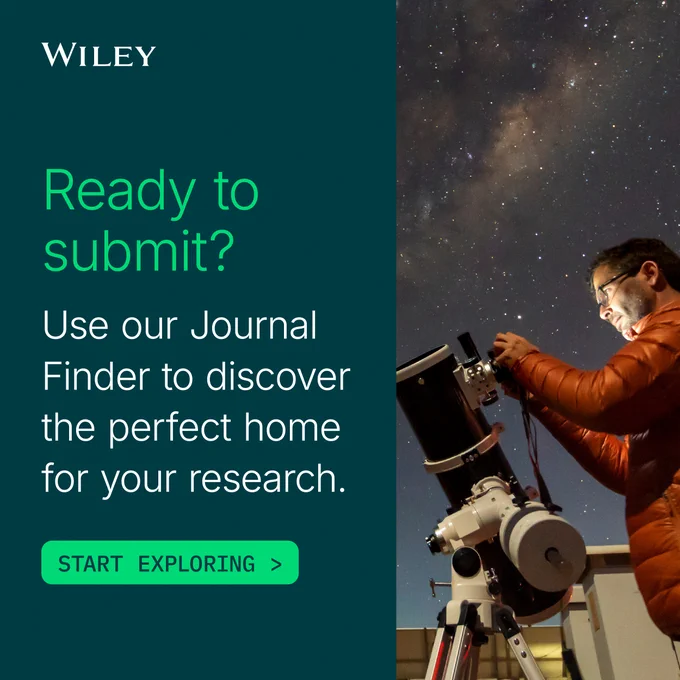 Person adjusting a telescope under a starry night sky, promoting Wiley's Journal Finder tool for research submissions.
