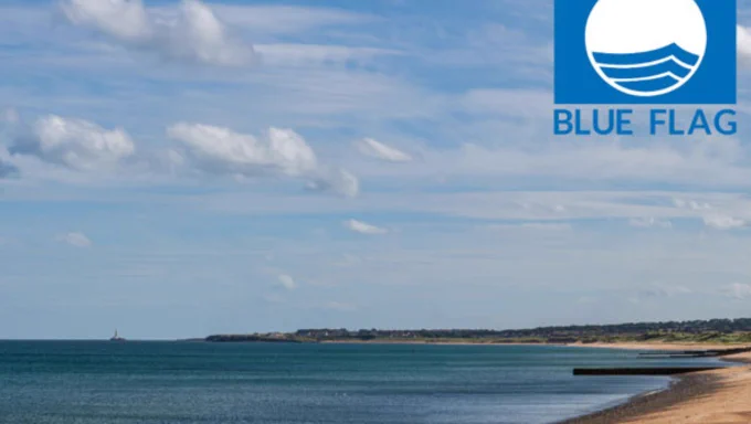 A serene coastal scene with a sandy beach stretching into the distance, bordered by calm, deep blue water. A clear blue sky with scattered white clouds hangs above. In the top right corner, the Blue Flag logo is visible, indicating high environmental and quality standards.