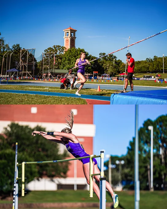 Stacked photo with the top showing pole vaulter Elizabeth Michael running down the runway, and the bottom showing Madelyn Moles clearing the bar.