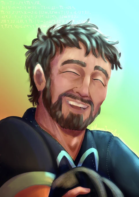 A digital painting on xB without his helmet on. He is wearing his FedxB polo, laughing joyously. The background is all coppery colours, with a highlight of greenish blue on him from the top right. He is clutching his helmet in his hands. He looks so happy. There is galactic standard text above him.