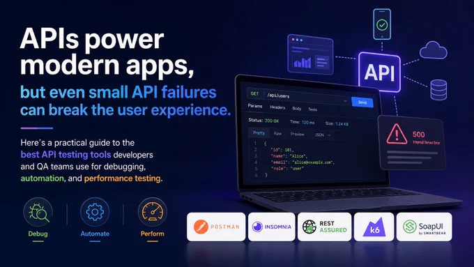 Laptop displaying API code; text about API reliability and testing tools on dark blue background. Icons include Postman, Insomnia, and more.