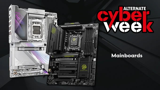 Werbegrafik zur „Alternate Cyber Week“ mit zwei Mainboards von Gigabyte AORUS und MSI vor dunklem Hintergrund. Unten steht der Schriftzug „Mainboards“.