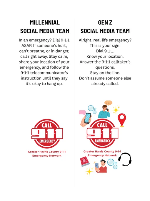 Millennial & Gen Z social media team advises when to call 9-1- for an emergency, knowing your location, answering all the questions, and staying on the line during 9-1-1 calls.