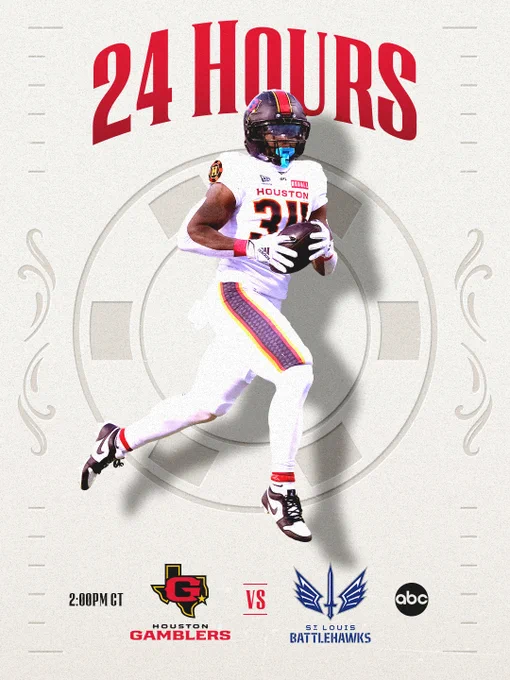 Promotional image for a football game between the Houston Gamblers and the St. Louis Battlehawks. The image features a player in action with a countdown and game details.