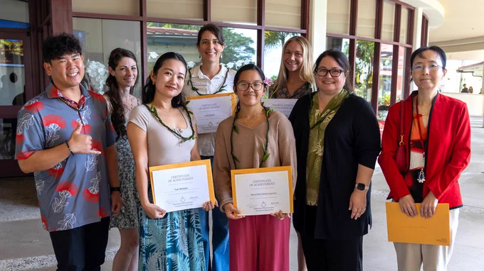 Communication group: From left, Associate Professor Colby Miyose, Instructor Dana Van Winkle, Yuki Watabe, Cody Marsh, Reana Marie Deleon Guerrero, Emerson Reinke, Associate Professor Rayna Morel, and Professor Jing Yin. (Photo: University Relations/UH Hilo)