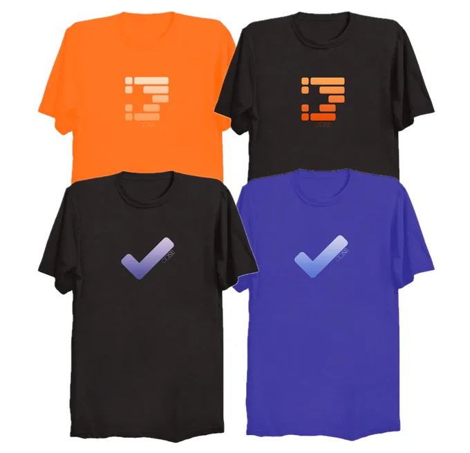 Image of 4 t-shirt designs (an orange t-shirt with an OmniOutliner logo, a black t-shirt with an OmniOutliner logo, a black t-shirt with an OmniFocus logo, and a purple t-shirt with an OmniFocus logo).