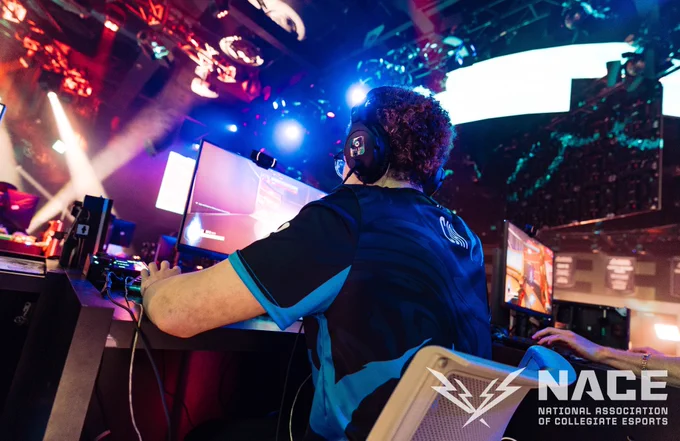 A competitor on the NACE 2026 Spring Grand Finals stage for Overwatch