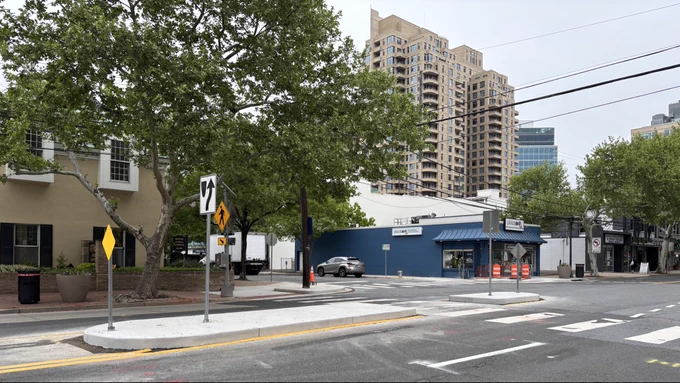 New pedestrian refuge island on Old Georgetown Road (MD-187) at Cordell Avenue in Bethesda, Maryland.