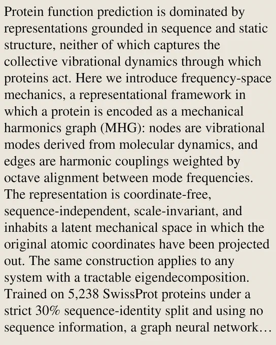 Protein function prediction is dominated by representations grounded in sequence and static structure, neither of which captures the collective vibrational dynamics through which proteins act. Here we introduce frequency-space mechanics, a representational framework in which a protein is encoded as a mechanical harmonics graph (MHG): nodes are vibrational modes derived from molecular dynamics, and edges are harmonic couplings weighted by octave alignment between mode frequencies. The representation is coordinate-free, sequence-independent, scale-invariant, and inhabits a latent mechanical space in which the original atomic coordinates have been projected out. The same construction applies to any system with a tractable eigendecomposition. Trained on 5,238 SwissProt proteins under a strict 30% sequence-identity split and using no sequence information, a graph neural network over static MHGs predicts GO molecular function terms across the ontology, demonstrating that vibrational physics 