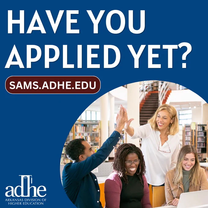 A group of students and a staff member in a library, with text "Have you applied yet?" and the website "sams.adhe.edu".