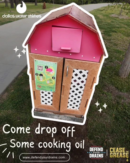 Photo of a drop-off cage at a recreational center with a message saying "come drop off some cooking oil" 