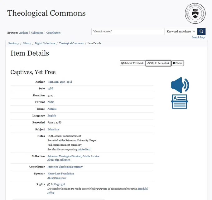 screen snip of the Item Details page from the Theological Commons for "Captives, Yet Free," an address that Ben Weir gave to the Class of 1986 at the 174th Annual Commencement of Princeton Theological Seminary