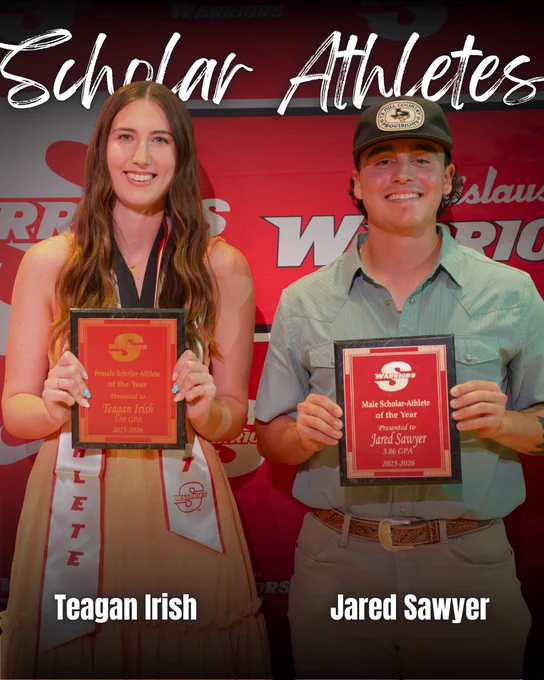 Teagan Irish and Jared Sawyer pose with their Scholar-Athlete of the Year awards at the STANYS. Irish wears a Stan State stole and holds the Female Scholar-Athlete plaque while Sawyer holds the Male Scholar-Athlete plaque in front of a red Stanislaus State Athletics backdrop.