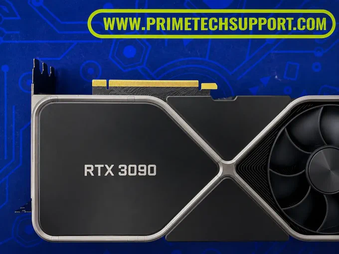 NVIDIA RTX 3090 graphics card close‑up, highlighting high‑power GPU design and components commonly inspected during advanced gaming GPU repair cases.