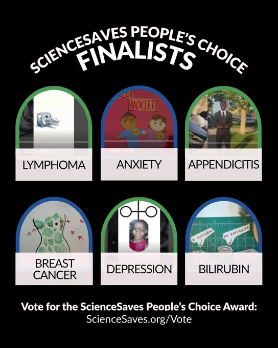 Graphic reading “ScienceSaves People’s Choice Finalists” on a black background. Six finalist video thumbnails are displayed in two rows with rounded arch frames in alternating green and blue. The finalists are labeled: “Lymphoma,” “Anxiety,” “Appendicitis,” “Breast Cancer,” “Depression,” and “Bilirubin.” At the bottom, white text reads: “Vote for the ScienceSaves People’s Choice Award: ScienceSaves.org/Vote.”