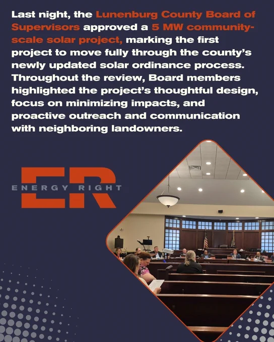 A meeting room with the Lunenburg County Board discussing a 5 MW solar project. Energy Right branding visible with text highlighting the project's approval and impact.