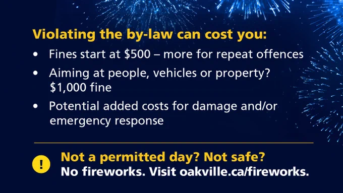 List of fines for by-law violations including $500 starting fine, $1,000 for aiming fireworks at people or property, plus extra costs.