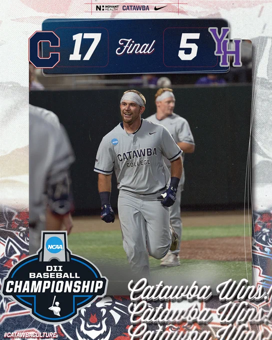 Graphic depicting Catawba Baseball's 17-5 win over Young Harris in the Southeast Regional. Pictured is Brandon Crabtree celebrating.