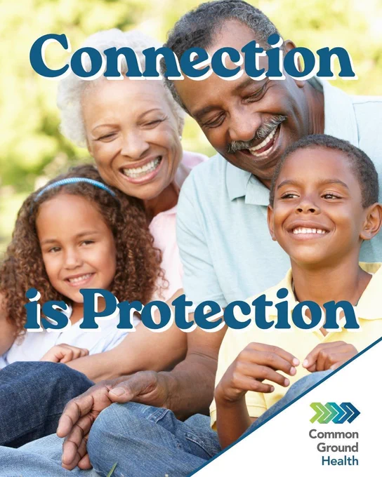 Photo of happy Black intergenerational family. Common Ground Health logo and the words "Connection is Protection."