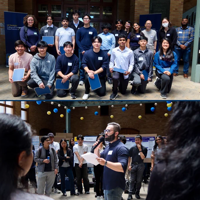 Collage of student researchers and mentors smiling and holding award certificates; a presenter speaking to symposium attendees.