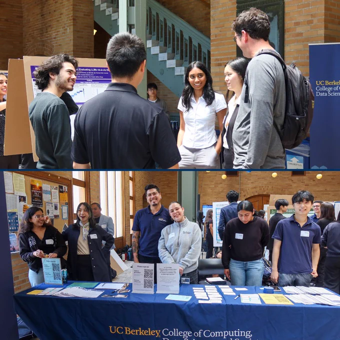 Collage of Data Discovery program participants in conversation next to a research poster; CDSS staff standing behind a table to greet attendees.