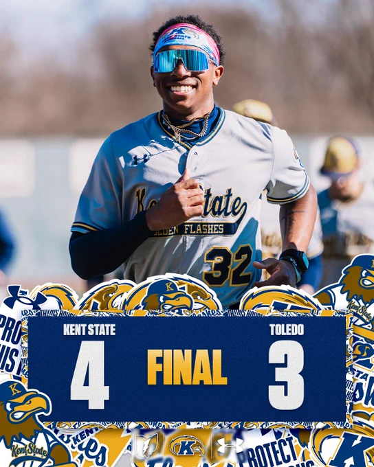 Kent State baseball final score graphic featuring player M. Rienstra Kiracofe (#32) jogging on the field with a big smile, wearing a gray and light blue Kent State "Golden Flashes" road uniform, a pink and blue headband pushed up on his forehead with blue mirrored sunglasses, and a gold chain necklace. A teammate in a similar uniform is visible behind him. The dark navy scoreboard overlay at the bottom reads "Kent State 4 | FINAL | Toledo 3," showing the Golden Flashes took the win by one run. The border features the standard Kent State Golden Flashes logo sticker collage with Kent State, Under Armour, and "Protect This House" branding at the bottom.