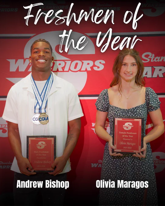 Andrew Bishop and Olivia Maragos pose with their Freshman of the Year awards at the STANYS. Bishop wears medals from the track season while Maragos holds her plaque in front of a red Stanislaus State Athletics backdrop.