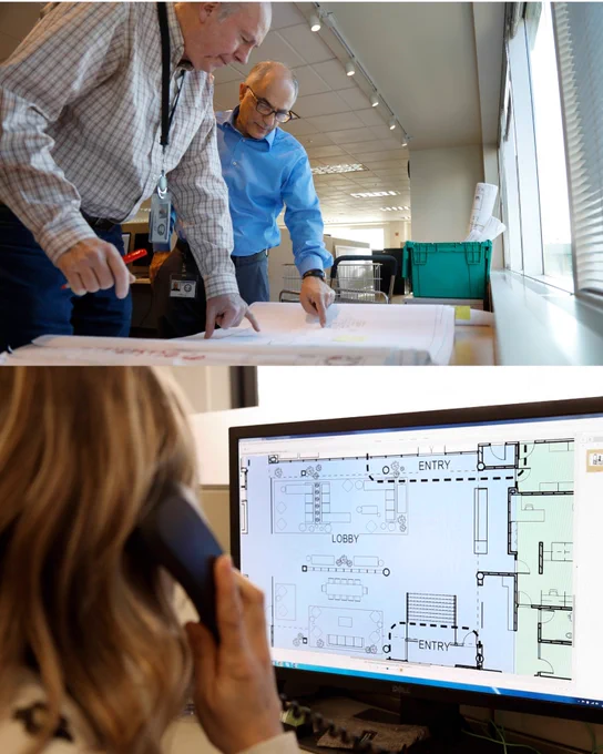 Two men look down at large building plans and point. A person looks at a computer screen with building plans on it. 