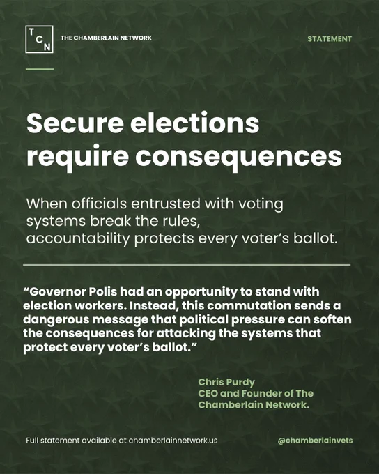 A dark green TCN-branded statement graphic with a subtle star-texture background. The Chamberlain Network logo appears at top left and “STATEMENT” appears at top right. Large white text reads: “Secure elections require consequences.” Supporting text says: “When officials entrusted with voting systems break the rules, accountability protects every voter’s ballot.” Below is a quote from Chris Purdy: “Governor Polis had an opportunity to stand with election workers. Instead, this commutation sends a dangerous message that political pressure can soften the consequences for attacking the systems that protect every voter’s ballot.” Footer text reads: “Full statement available at chamberlainnetwork.us” and “@chamberlainvets.”