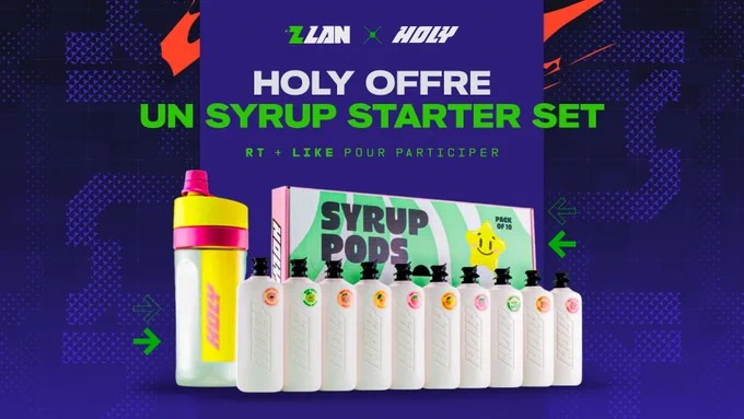 Visuel de concours en partenariat avec Holy, on y voit un Syrup Starter Set et la mention "RT   Like pour participer"