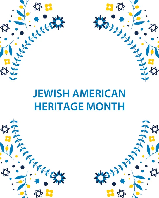 Stars and miscellaneous shapes including circles and leaf graphics in the four corners.  In the middle is the text “Jewish American Heritage Month."