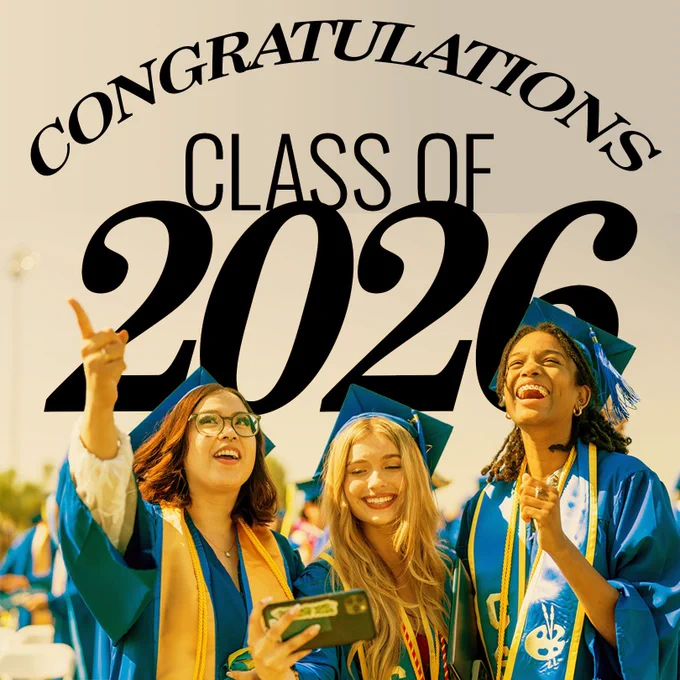 Photo of CSUB graduates celebrating during commencement. Image text says, "Congratulations Class of 2026"
Original photo by EJ Medellin