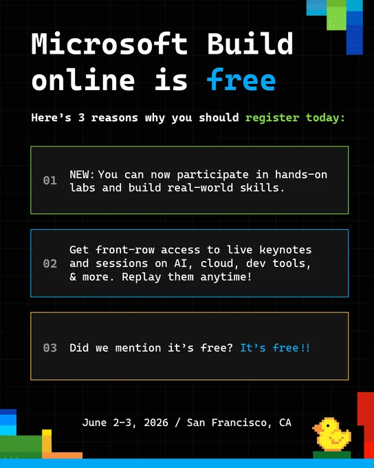 Microsoft Build 2026 event announcement, emphasizing free online participation, skill-building labs, and access to live and replayable sessions.
