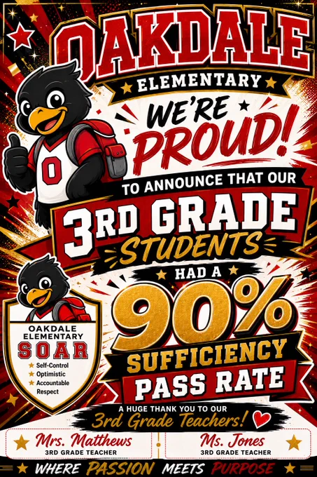 A bold, celebratory Oakdale Elementary graphic highlights the success of 3rd grade students on the ACAP assessment. The background features energetic black, red, gold, and white bursts, stars, confetti, and paint splatter accents. At the top, large red and white varsity-style text reads “Oakdale Elementary,” followed by bold brush lettering that says “We’re Proud!” A smiling cartoon black falcon mascot wearing a red backpack and white jersey gives a thumbs up on the left side. Large text across the center announces that Oakdale’s 3rd grade students earned a “90% Sufficiency Pass Rate” in gold glitter-style numbers and lettering. A shield logo on the left reads “Oakdale Elementary SOAR” with the words Self-Control, Optimistic, Accountable, and Respect listed below. Near the bottom, text thanks the 3rd grade teachers, naming Mrs. Matthews and Ms. Jones. The bottom banner reads “Where Passion Meets Purpose” in bold gold, white, and red lettering.