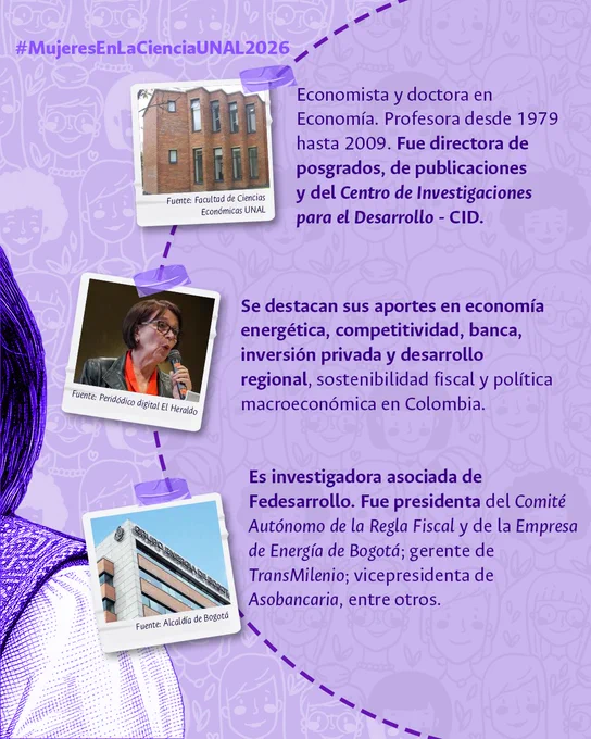 #MujeresEnLaCienciaUNAL | 💜 Por medio de esta serie honramos el liderazgo de la profesora pensionada Astrid Martínez de @fceunal; fue directora de Posgrados, de Publicaciones y del @Cidunal. 

🏦Se destacan sus aportes en economía energética, competitividad, banca, inversión privada y desarrollo regional.  

🖼️ Conoce más sobre su historia en «Un viaje por la memoria de la universidad».