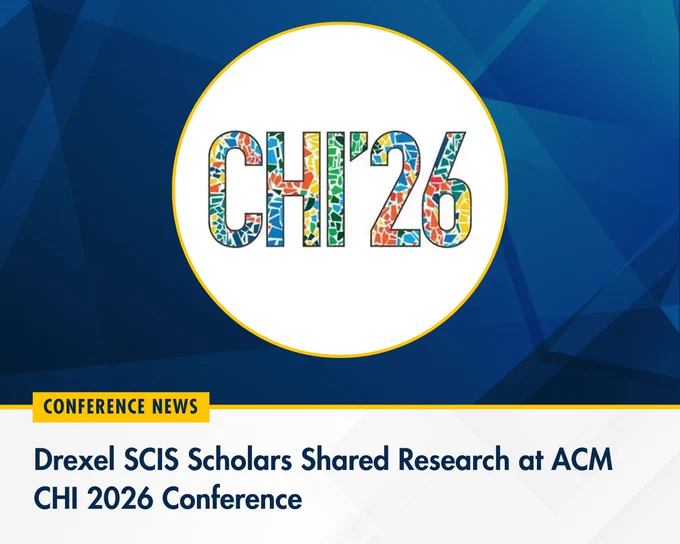 Colorful CHI'26 logo with abstract patterns inside letters on a blue geometric background