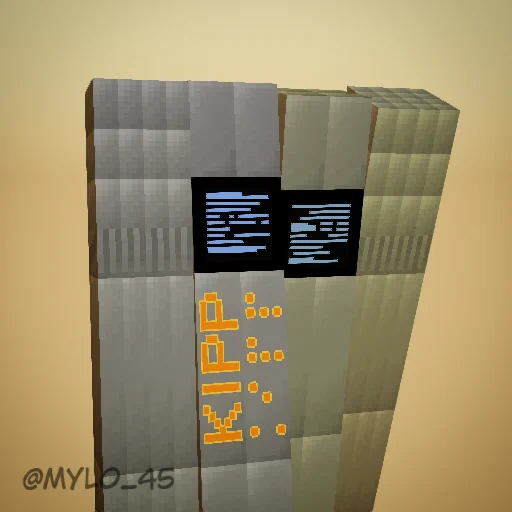 3D Minecraft-style model of KIPP from Interstellar by @mylo_45, featuring a beige and gray metallic texture with two black screens displaying blue pixel indicators and the name 'KIPP' written in orange pixels.