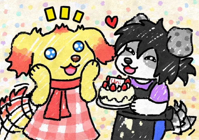 a grey and white anthro dog holding a birthday cake for a yellow anthro dog. a celebration full of warmth and excitement