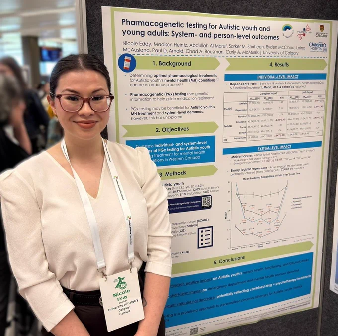 Nicole Eddy presents her poster at INSAR. Her poster was titled, Pharmacogenetic testing for Autistic youth and young adults: system- and person-level outcomes.