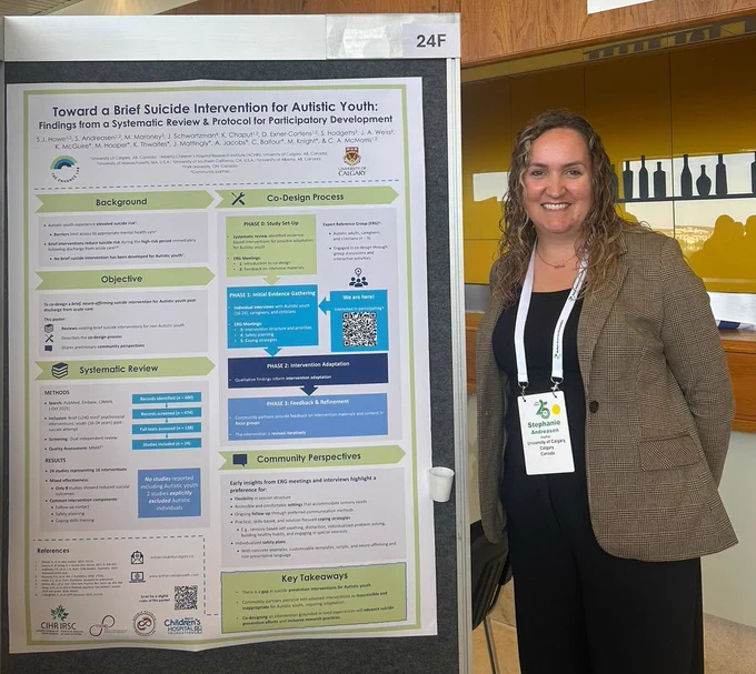 Stephanie Andreasen presents her INSAR research poster titled, Toward a brief suicide intervention for Autistic youth: findings from a systematic review and protocol for participatory development.