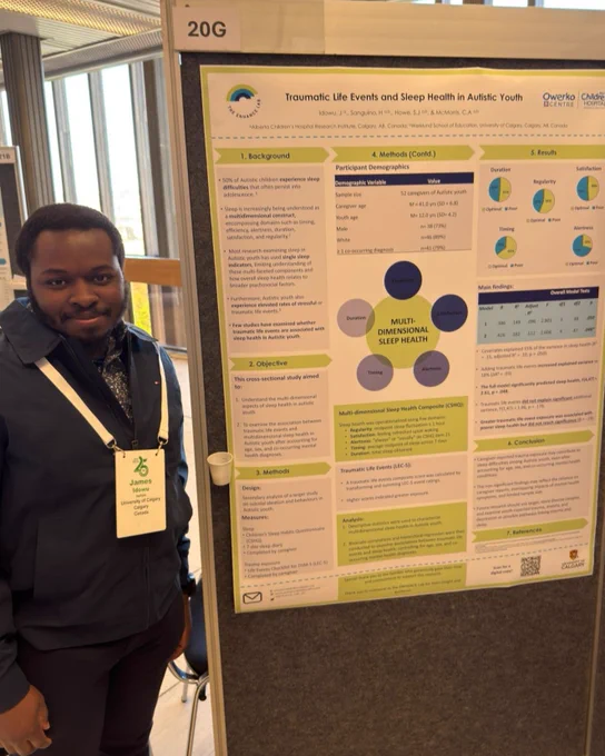 James Idowu presents his INSAR research poster on Traumatic life events and sleep in health in Autistic youth.