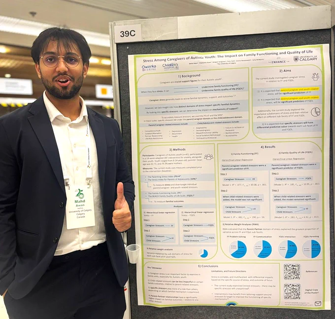 Mahd Awan presents his research poster at the International Society for Autism Research (INSAR) conference. His poster presentation focused on stress among caregivers of Autistic youth: the impact on family functioning and quality of life. 