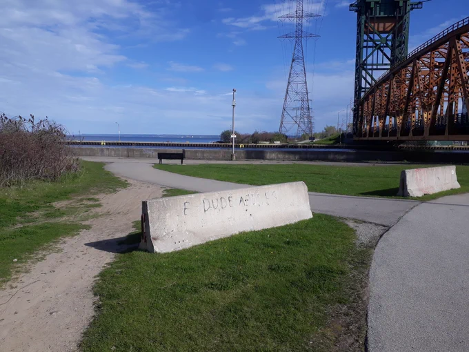 Graffiti seen on a concrete barrier next to the Burlington Canal Lift Bridge.